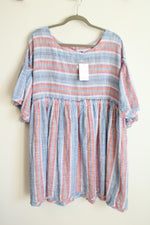 NEW Free People Summer Nights Raw Hem Blue Lagoon Striped Cotton Boho Dress | XL