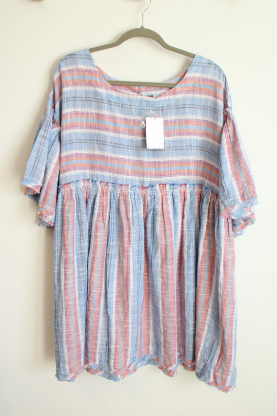 NEW Free People Summer Nights Raw Hem Blue Lagoon Striped Cotton Boho Dress | XL