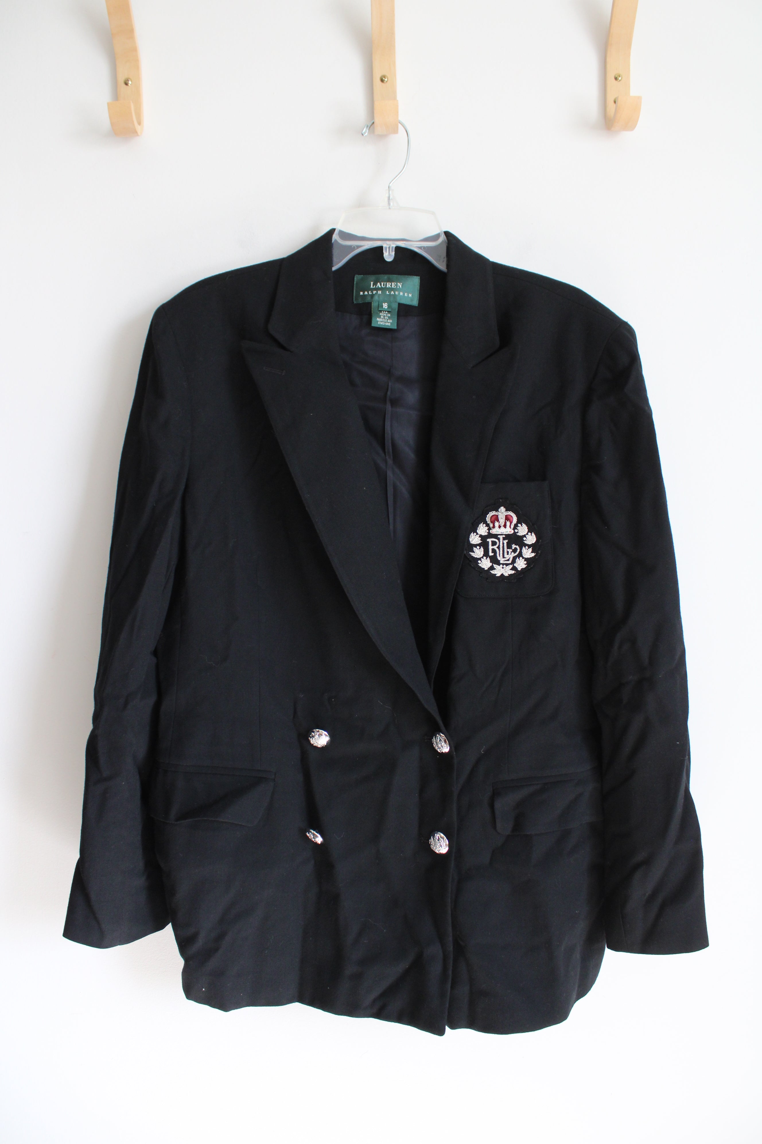 Ralph Lauren Double Breasted Crest Black Wool Blazer | 16
