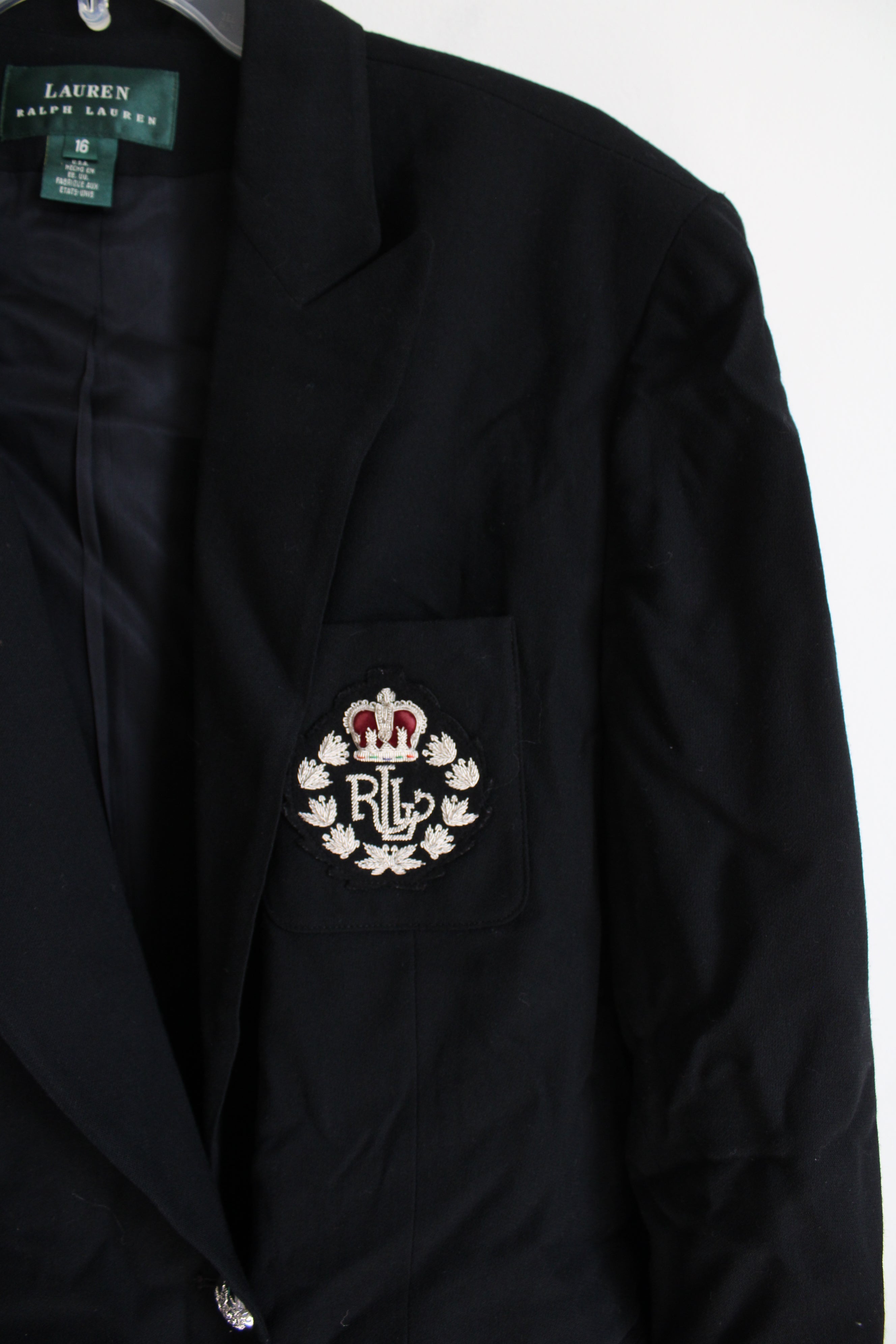 Ralph Lauren Double Breasted Crest Black Wool Blazer | 16