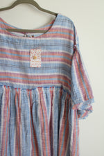 NEW Free People Summer Nights Raw Hem Blue Lagoon Striped Cotton Boho Dress | XL