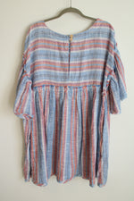 NEW Free People Summer Nights Raw Hem Blue Lagoon Striped Cotton Boho Dress | XL