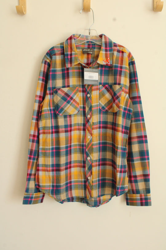 NEW Eddie Bauer Multicolor Flannel Button-down Shirt with Fox Embroidery | 14
