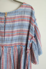 NEW Free People Summer Nights Raw Hem Blue Lagoon Striped Cotton Boho Dress | XL