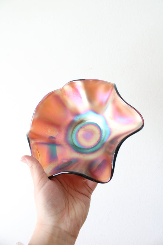 Vintage Iridescent Brown/Orange Ruffled Edge Glass Bowl