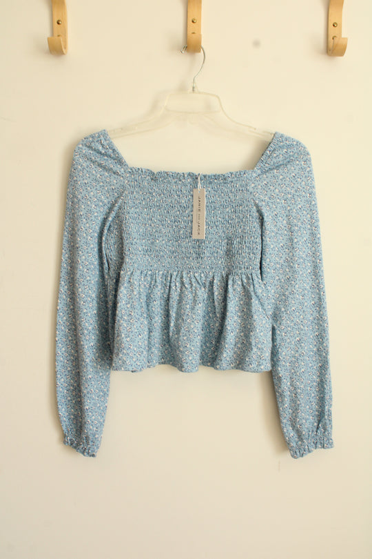 NEW Janie and Jack Blue and White Floral Square Neck Ruffle Top | 14
