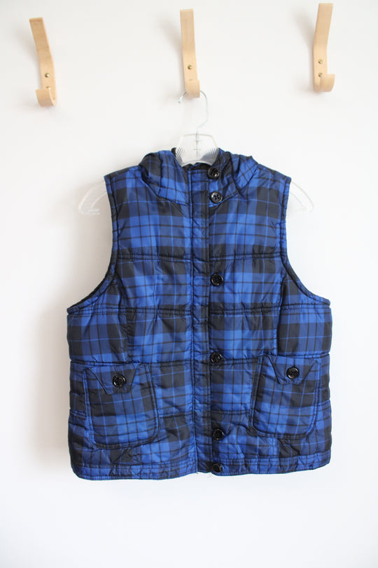 Pink Soup Blue & Black Plaid Hooded Puffer Vest | L