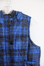 Pink Soup Blue & Black Plaid Hooded Puffer Vest | L