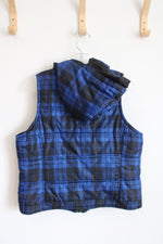 Pink Soup Blue & Black Plaid Hooded Puffer Vest | L