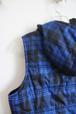 Pink Soup Blue & Black Plaid Hooded Puffer Vest | L