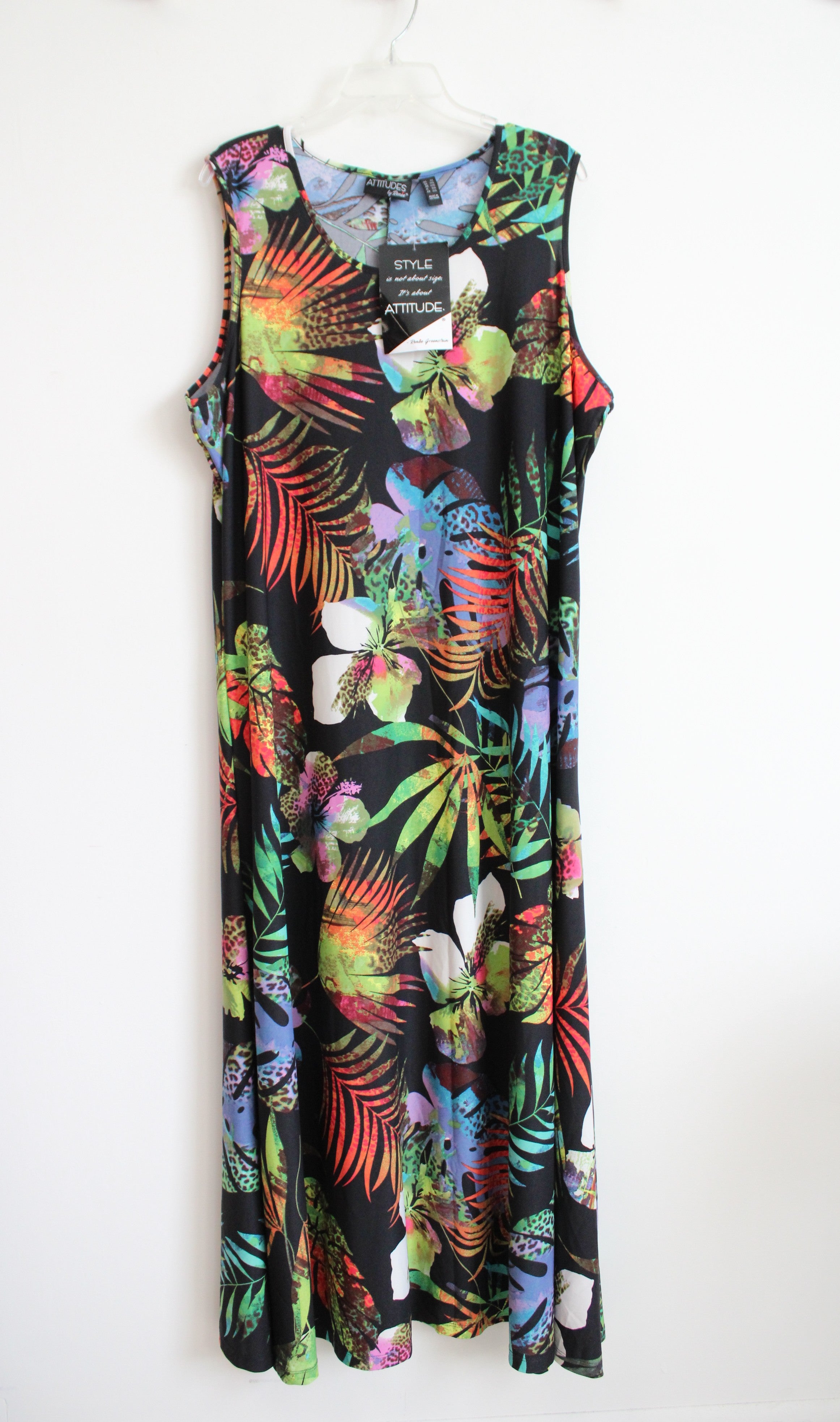NEW Attitudes BY Renee Black Tropical Colorful Print Maxi Dress | 2X
