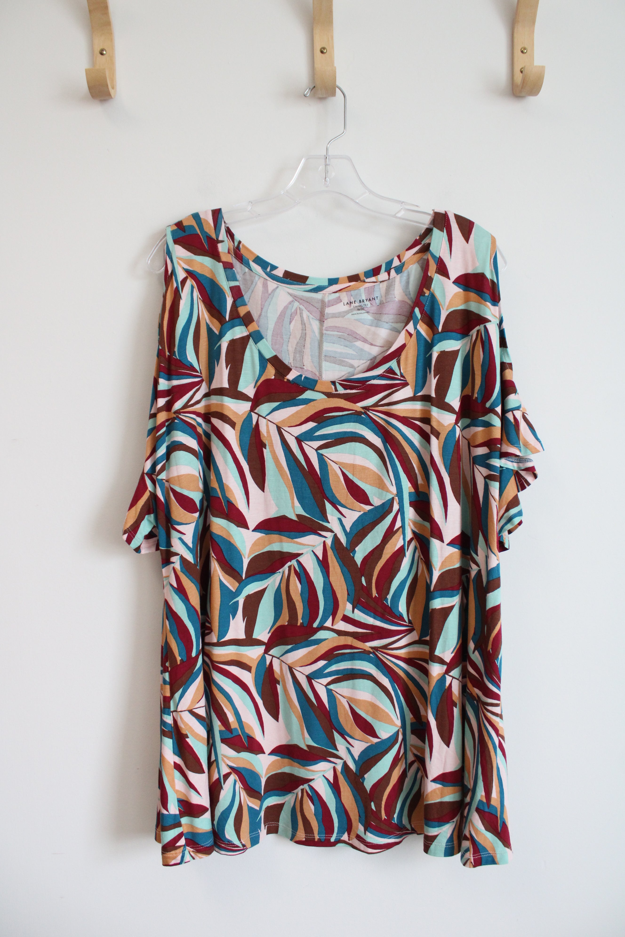 Lane Bryant Brown & Blue Patterned Cold Shoulder Top | 18/20