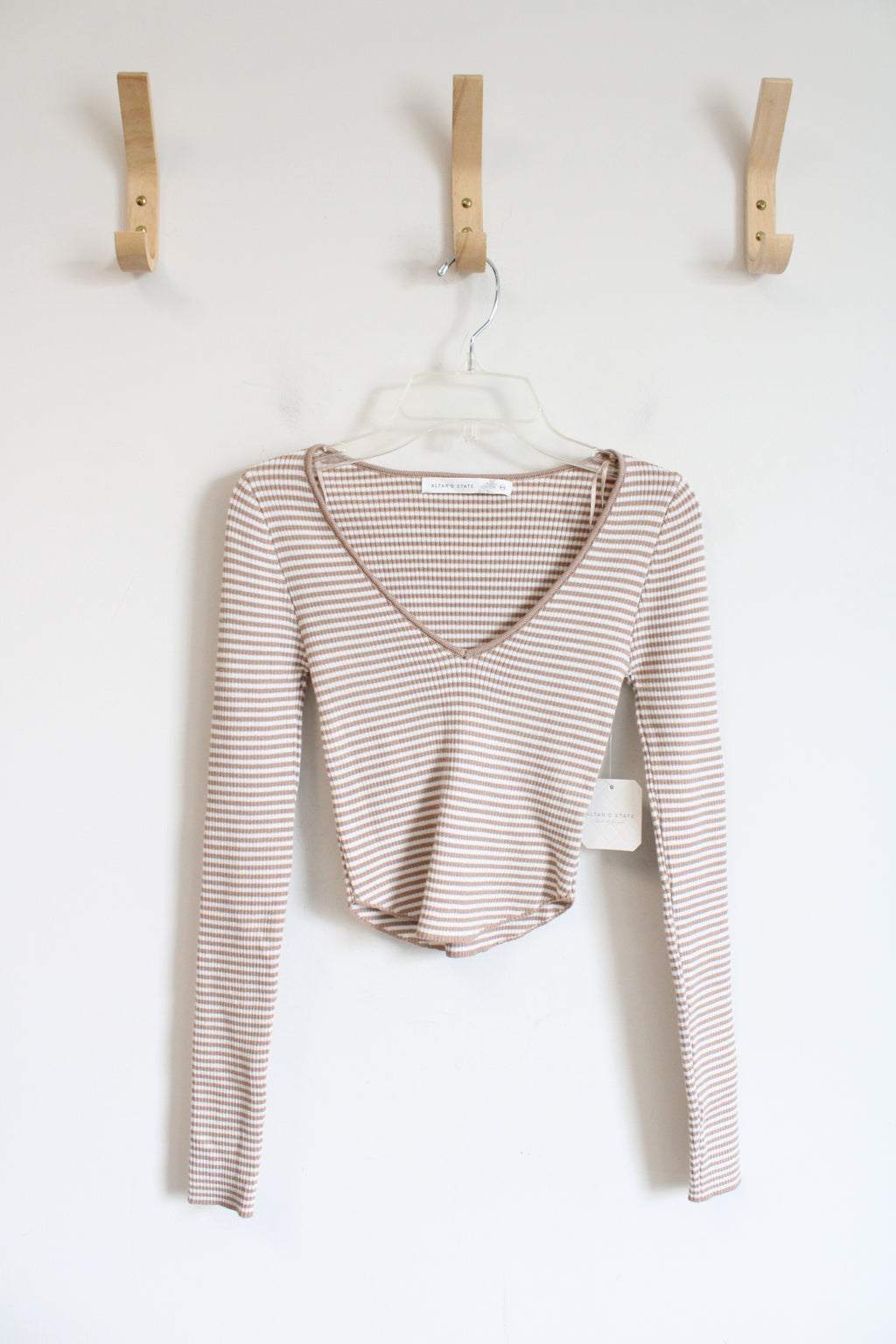 NEW Altar'd State Tan & White Striped Fitted Long Sleeved Cropped Top | XXS