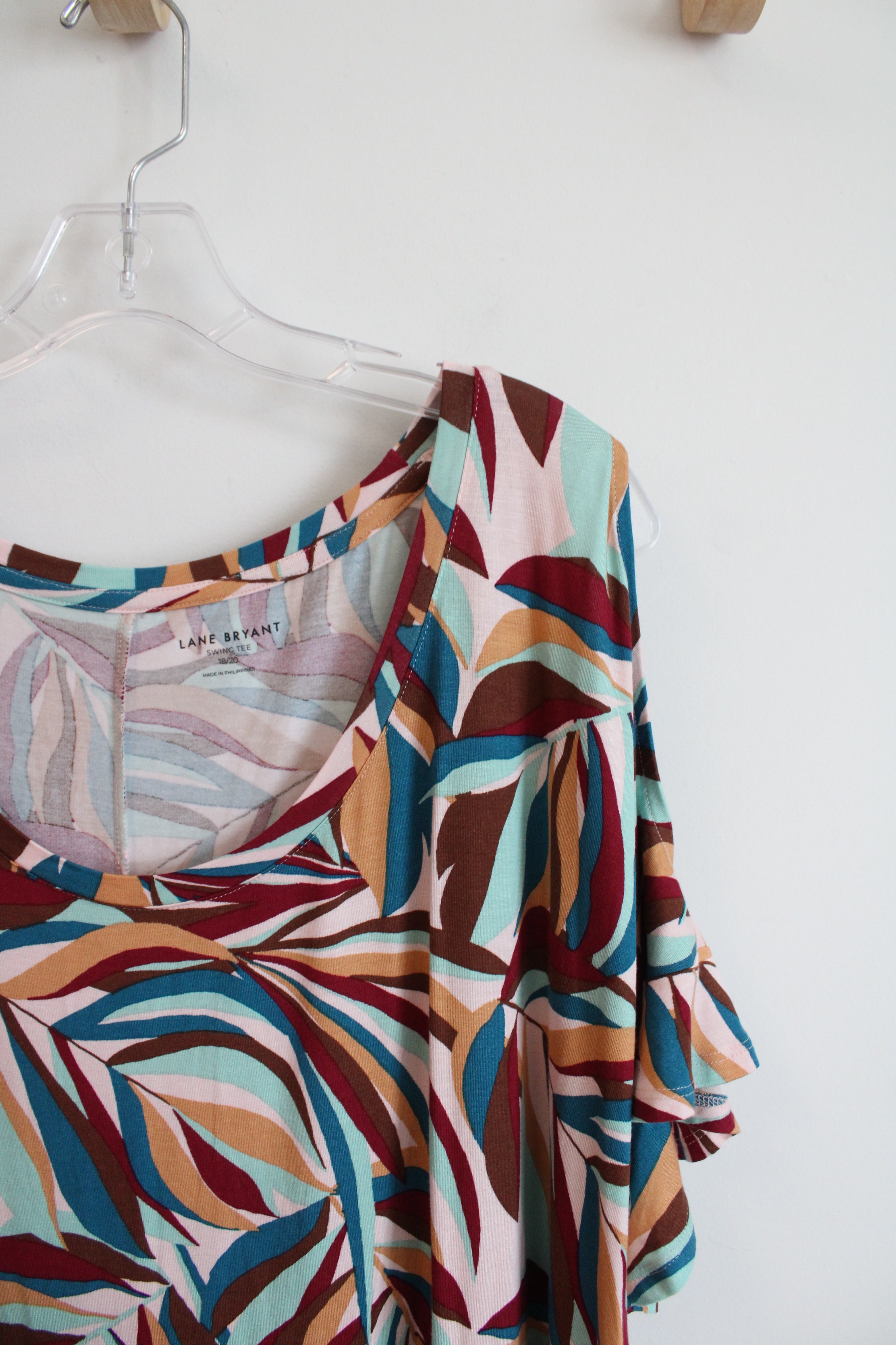 Lane Bryant Brown & Blue Patterned Cold Shoulder Top | 18/20