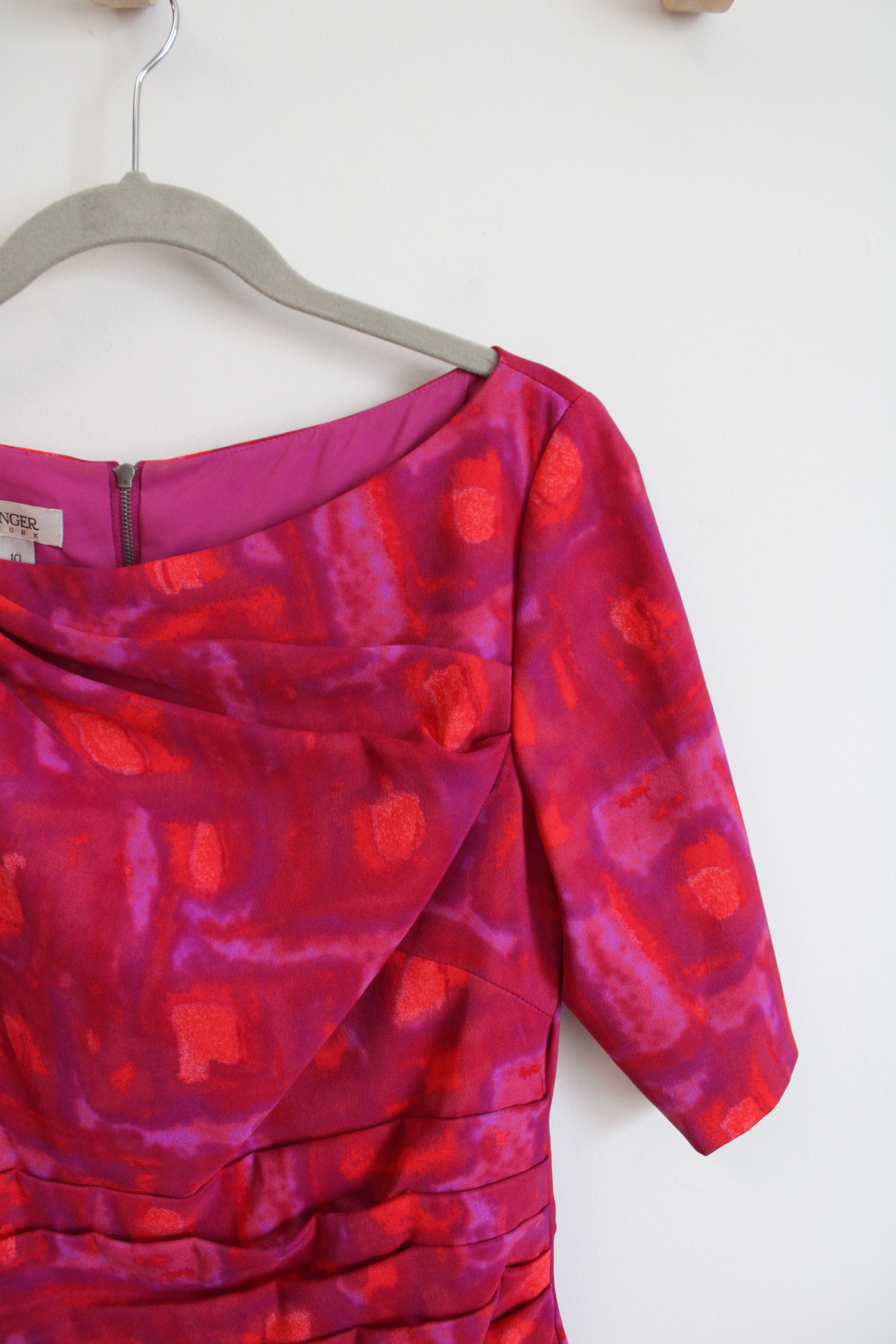 Kay Unger Fuschia Orange Patterned Boat Neck Sheath Dress | 10