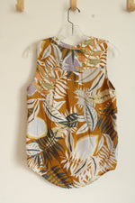 C&C California Linen Tan and Blue Tropical Button Down Sleeveless Top | S