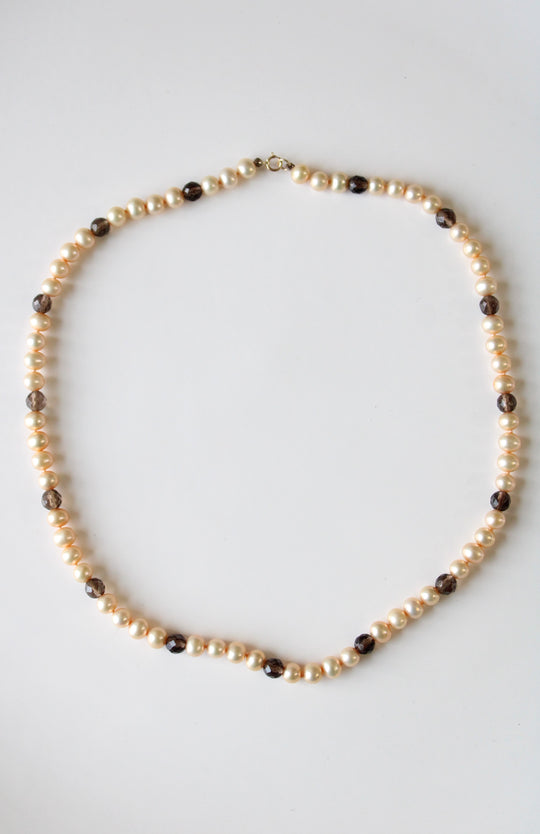 Tan Genuine Pearl & Brown Glass Bead 14K Clasp Necklace