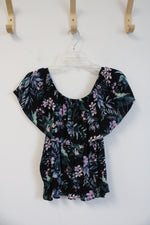 American Eagle Black Pink Blue & Green Floral Off The Shoulder Top | M
