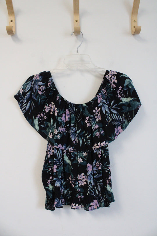 American Eagle Black Pink Blue & Green Floral Off The Shoulder Top | M