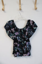 American Eagle Black Pink Blue & Green Floral Off The Shoulder Top | M
