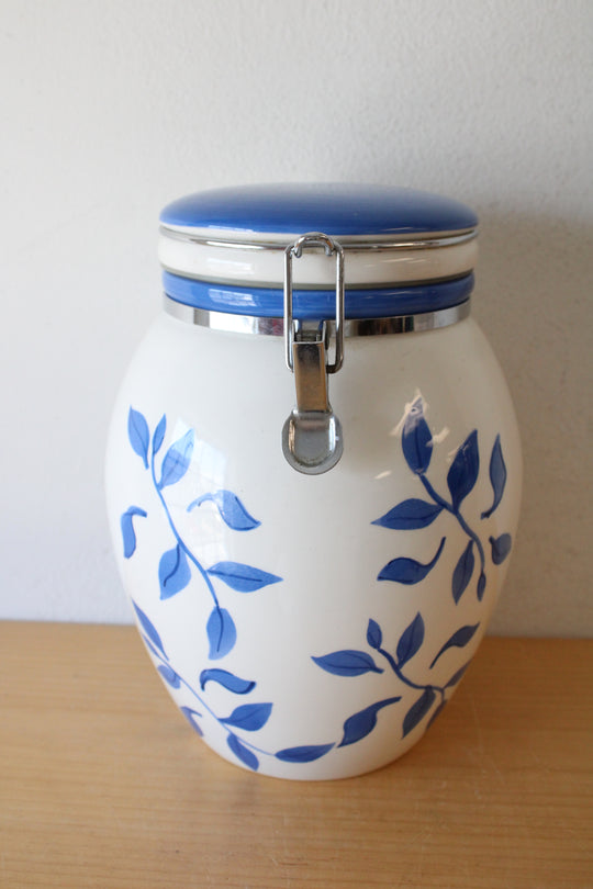 Inspirado StoneLite Hand Painted Blue Leaf Pattern Cannister