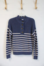 NEW LOFT Blue & Cream Striped 1/4 Button Down Sweater | XS