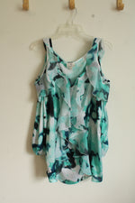NEW Hot in Hollywood Teal Blue and White Cold Shoulder Ruffle Top | XL