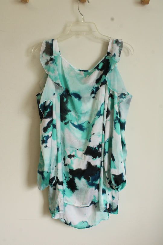 NEW Hot in Hollywood Teal Blue and White Cold Shoulder Ruffle Top | XL
