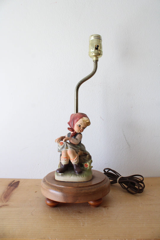Goebel M.J. Hummel "Just Resting" Ceramic Figurine On Wooden Pedestal Lamp