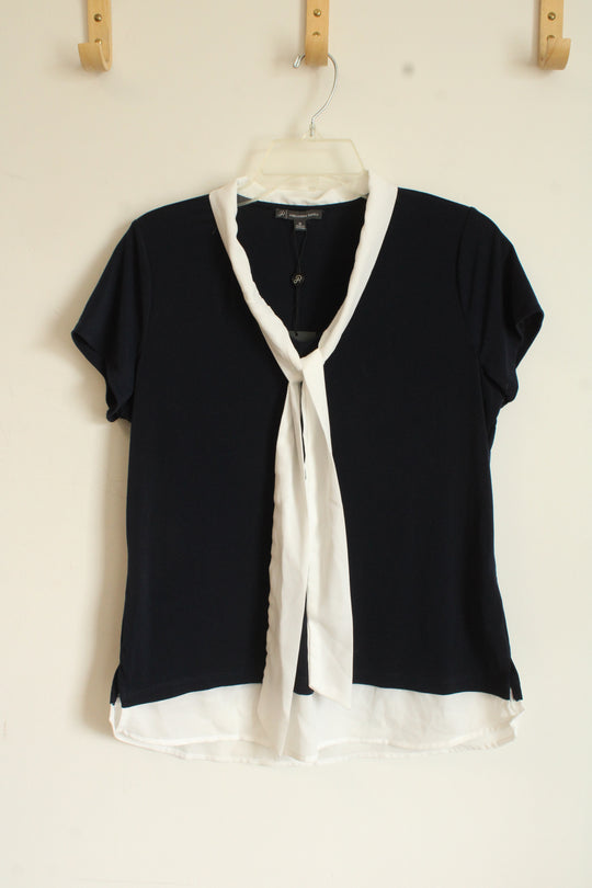 NEW Adriana Papell Navy and White Tie Front SS Top | M
