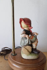 Goebel M.J. Hummel "Just Resting" Ceramic Figurine On Wooden Pedestal Lamp