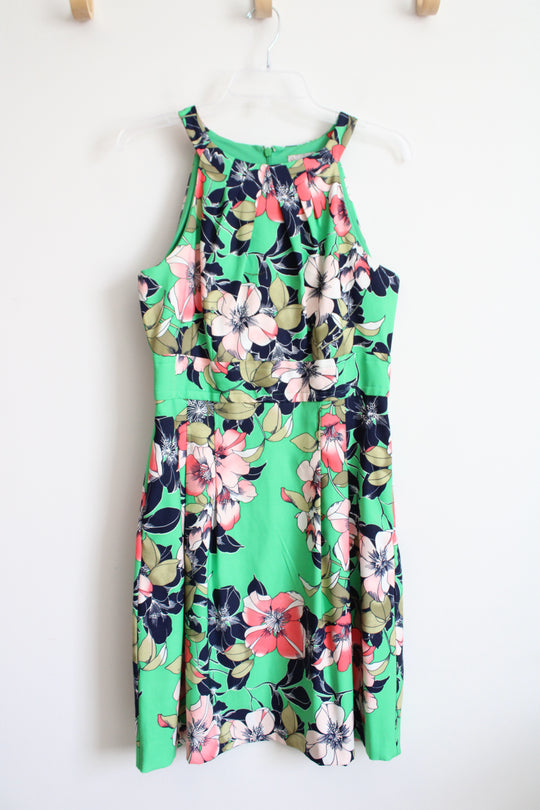 Dressbarn Green Pink Floral Halter Neck Pleated Dress | 10