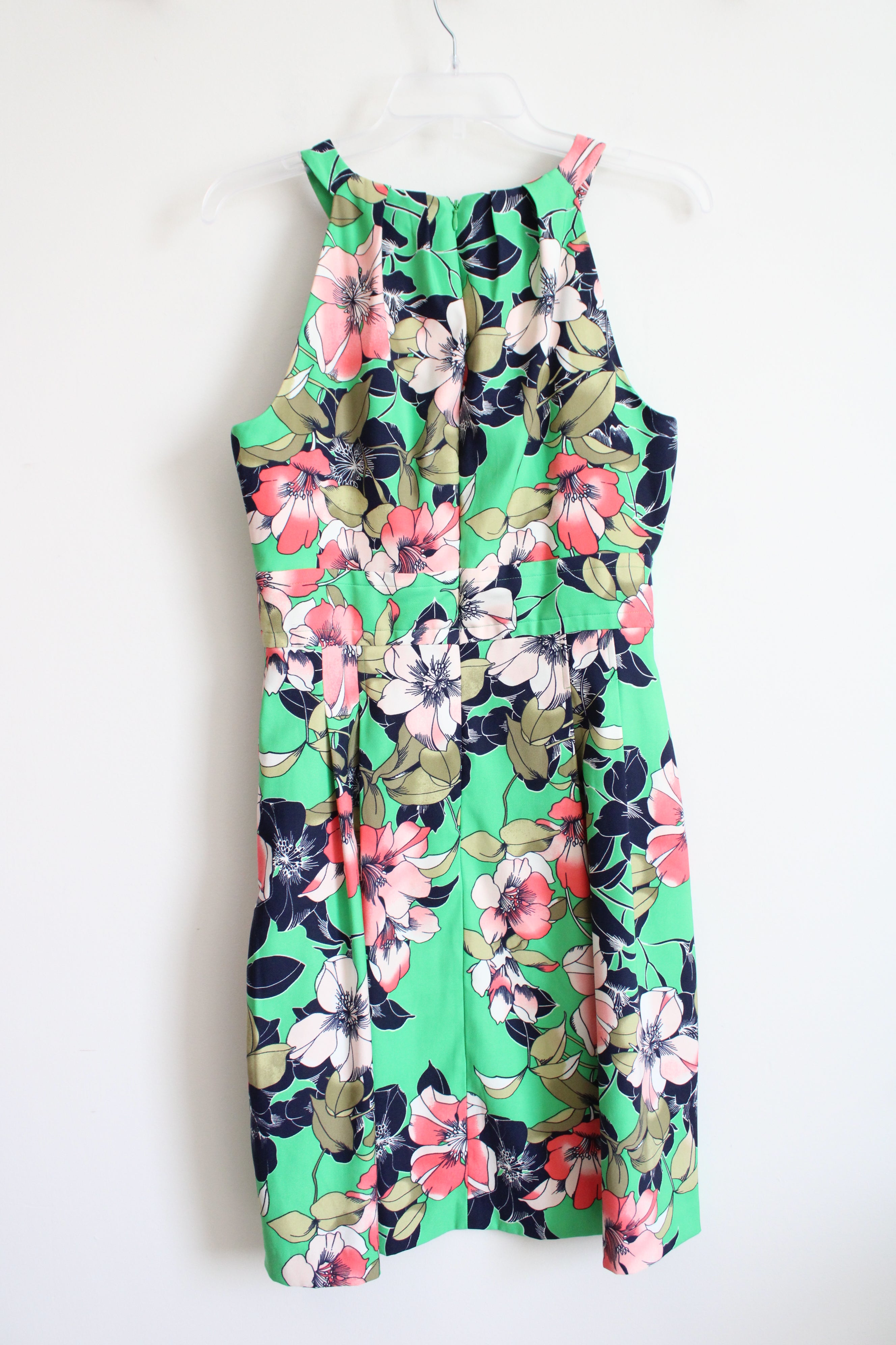 Dressbarn Green Pink Floral Halter Neck Pleated Dress | 10