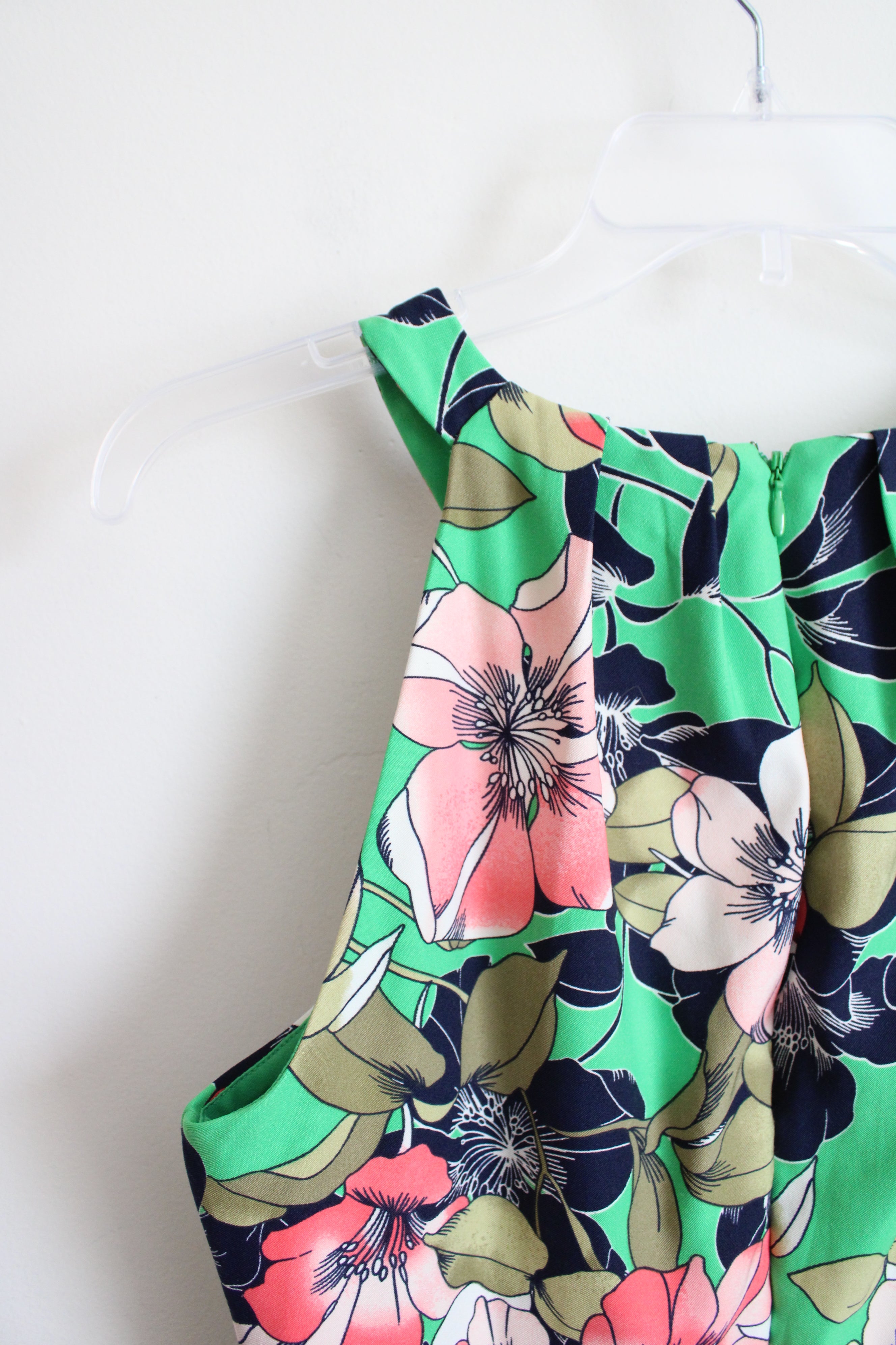 Dressbarn Green Pink Floral Halter Neck Pleated Dress | 10