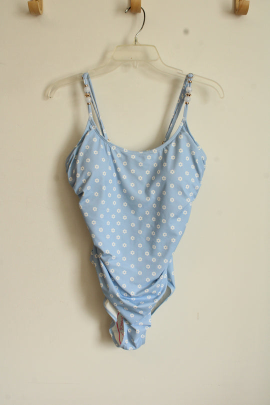 NEW Betsey Johnson Baby Blue and White Floral One Piece Swimsuit with Strap Gems | XL