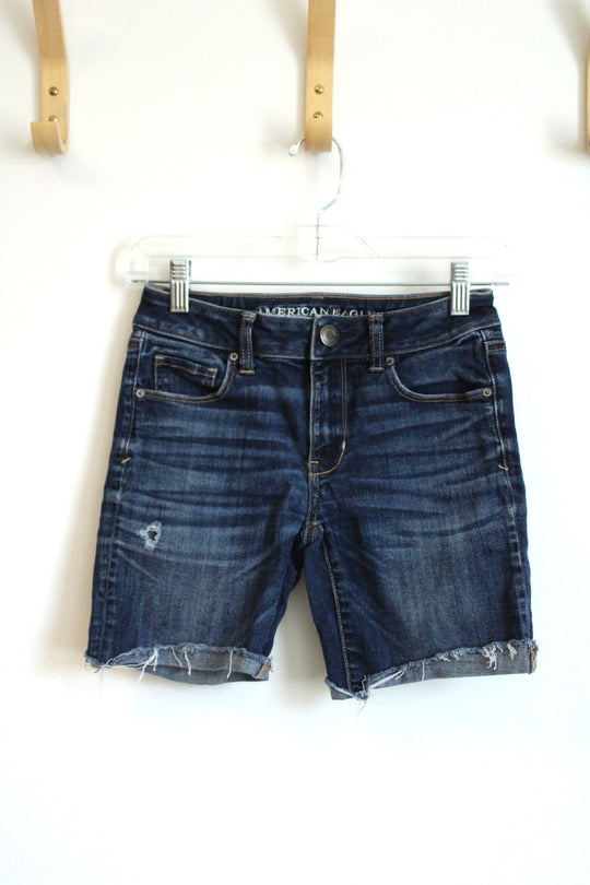 American Eagle Outfitters Dark Wash Distressed Skinny Denim Shorts | 0