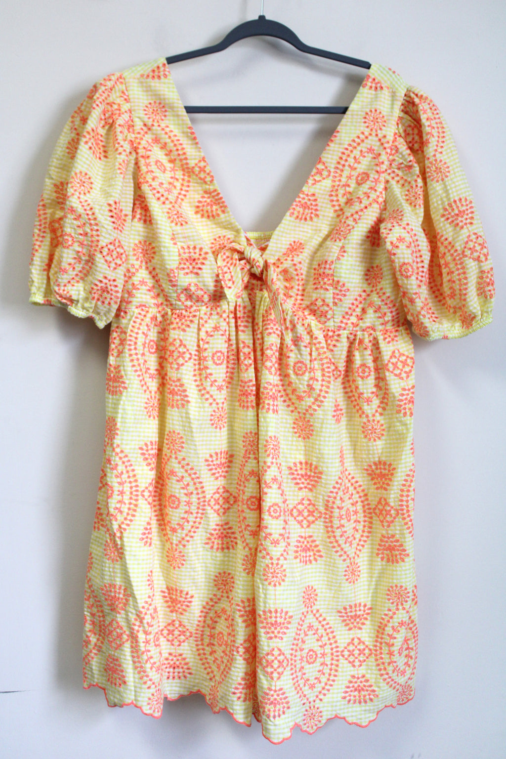 NEW Lilly Pulitzer Yellow Gingham Seersucker Embroidered Puff Sleeve Dress | 16
