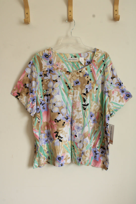 NEW Alfred Dunner Paisley Tropical Floral Print SS Top with Beaded Neckline | XXL