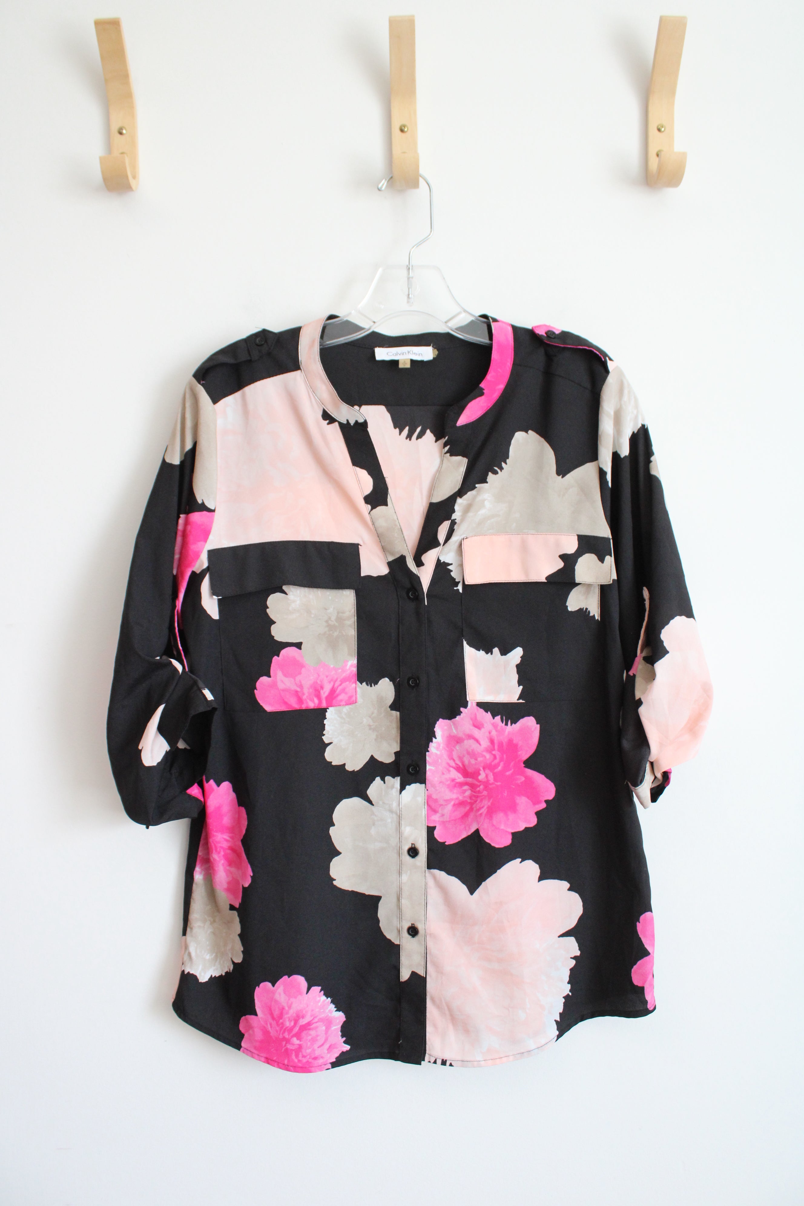 Calvin Klein Black & Pink Floral Button Down Top | S