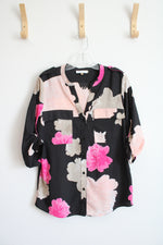 Calvin Klein Black & Pink Floral Button Down Top | S