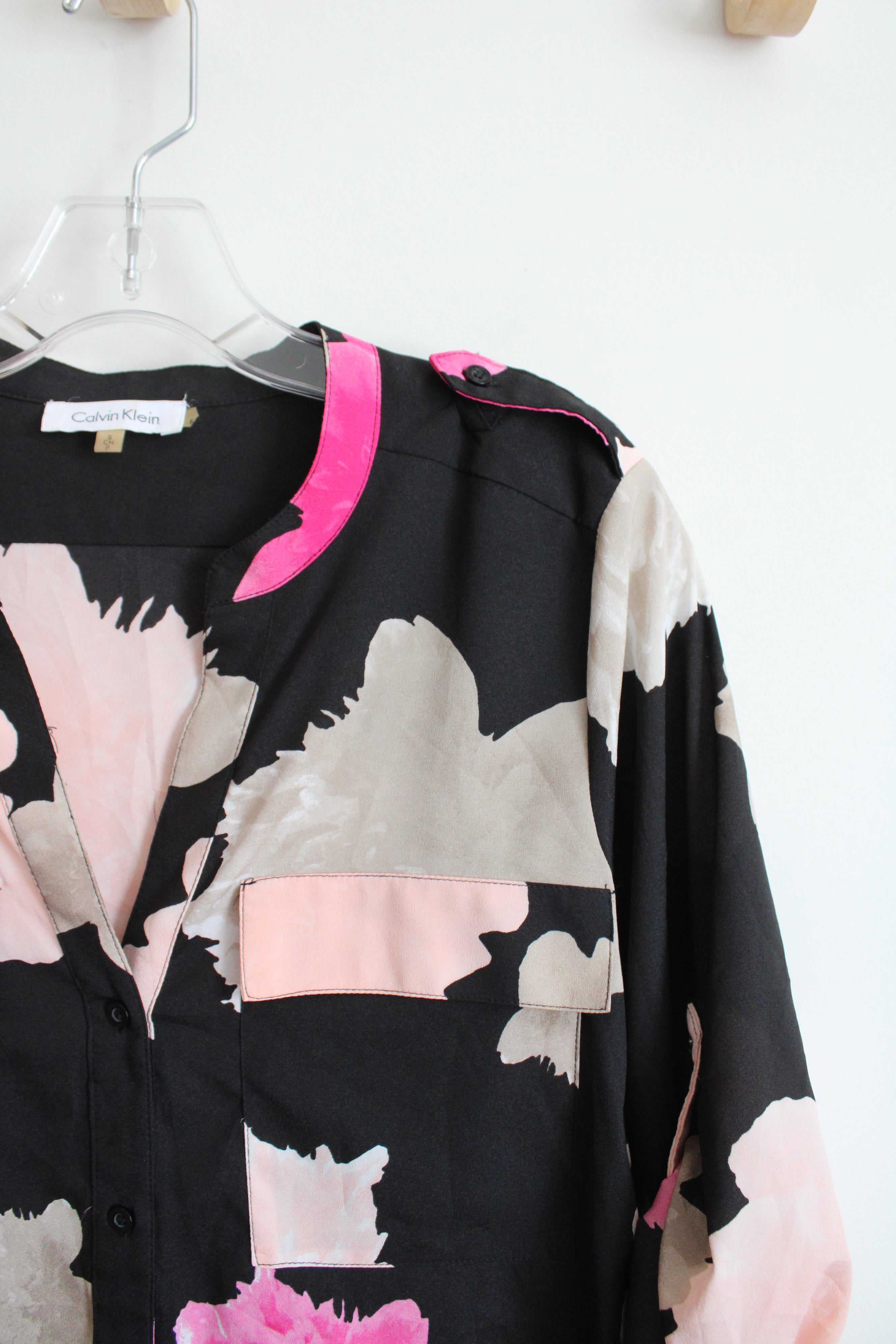 Calvin Klein Black & Pink Floral Button Down Top | S