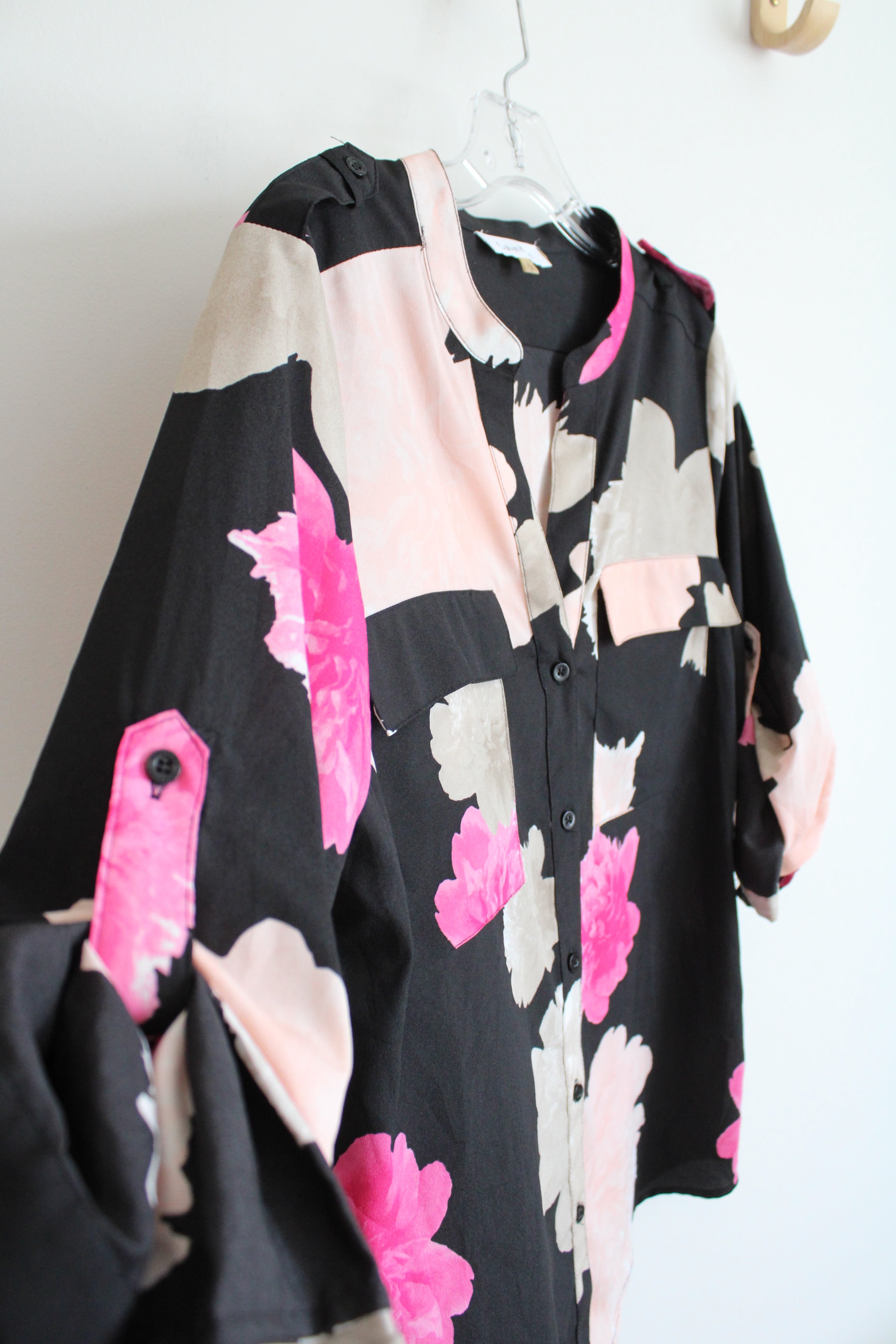 Calvin Klein Black & Pink Floral Button Down Top | S