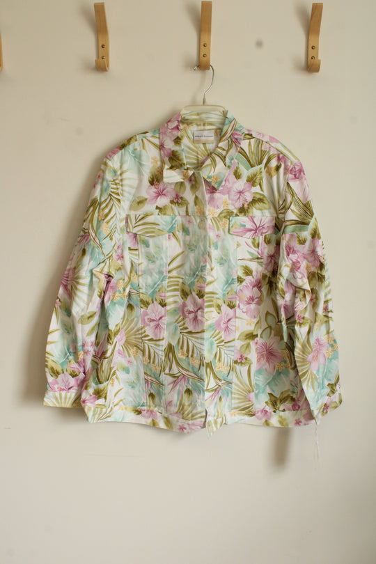 New Alfred Dunner Purple Green and Teal Tropical Floral Print Button-down Collared Jacket | 22W