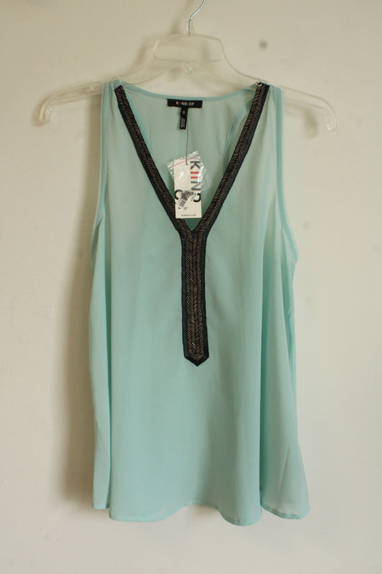 NEW Kind Of Teal Chiffon Tank with Beaded Collar | S