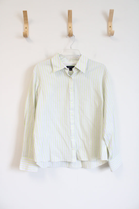 Lands' End Green & White Striped Button Down Top | 18