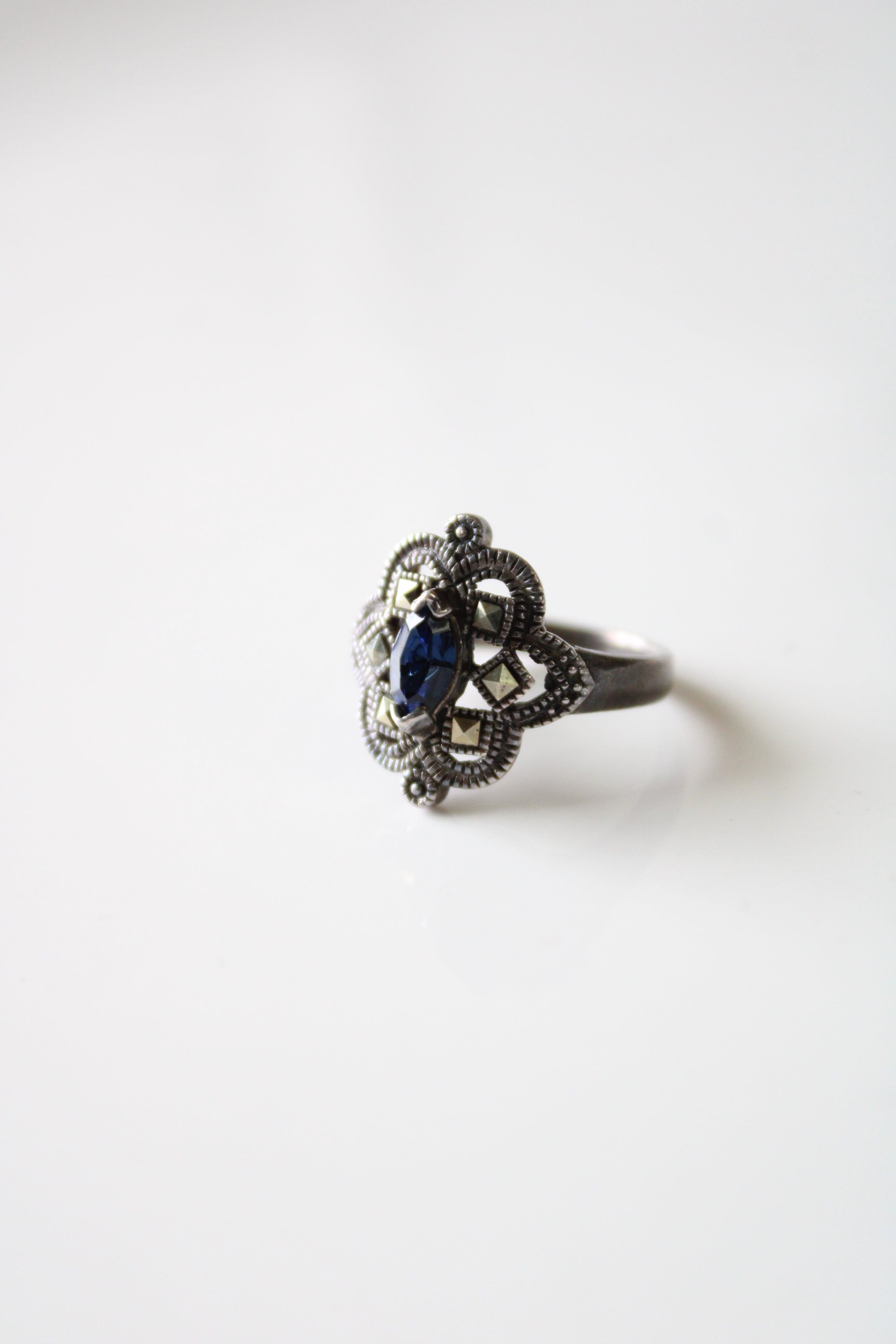 Marsala 925 Sterling Silver Marcasite Marquise Cut Blue Stone Ring | Size 5.5