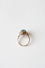 Blue Zircon Art Deco 10K Yellow Gold Floral  Ring | Size 6.5