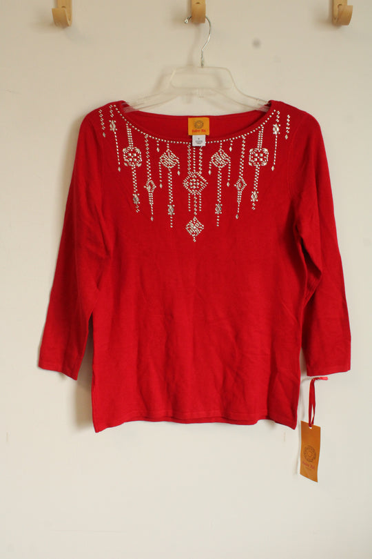 NEW Ruby Rd. Red 3/4 Sleeve Sweater with Silver Embellishment | S