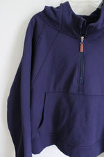 Laslulu Navy Blue Fleece Lined 1/2 Zip Crop Hoodie | 2XL