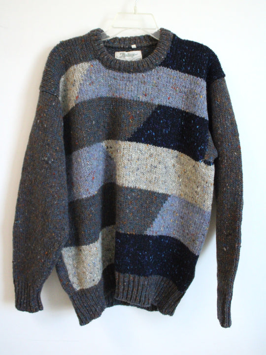 Heritage Vintage Blue Gray Colorblock Intarsia Wool Sweater | 44
